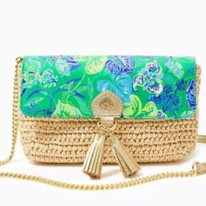 Lilly Pulitzer Botanical Green In A Flutter Straw Clutch NWOT